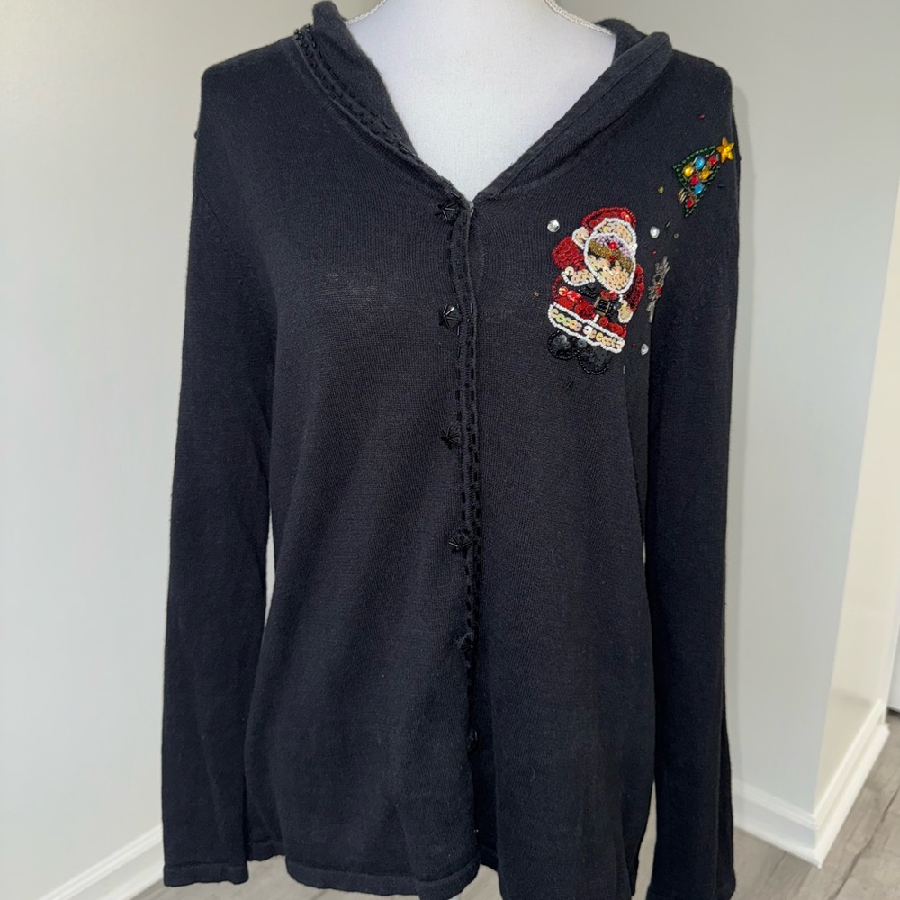 Studio Joy Christmas Sweater‎ Women’s Large Black Sequin Santa Holiday Cardigan